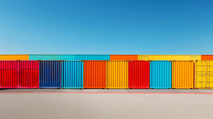 Colorful shipping containers arranged in a row under blue sky