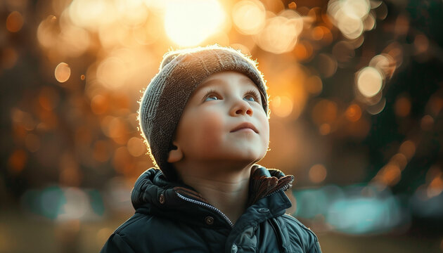 Boy in a winter coat and hat looking up in awe with a soft bokeh background and warm lighting.