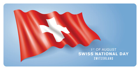 Switzerland national day vector banner, greeting card. Swiss wavy flag in 1st of August patriotic holiday horizontal design with realistic flag