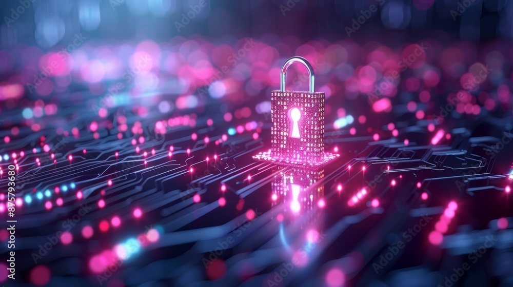Poster a glowing padlock on a futuristic circuit board, symbolizing digital security and data protection.