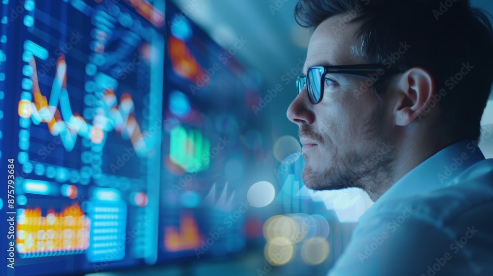 Poster a focused businessman wearing glasses looks intently at a large computer screen displaying financial