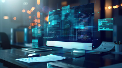 Futuristic Workspace with Code on Screens and Digital Documents, High-Tech Office Environment for Software Development and Data Analysis.