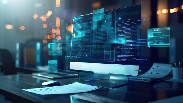 Futuristic Workspace with Code on Screens and Digital Documents, High-Tech Office Environment for Software Development and Data Analysis.