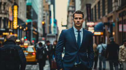 Fototapeta premium businessman in a navy blue suit walking confidently through a busy city street,