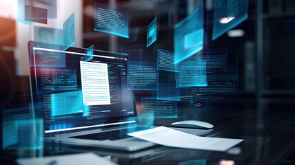 Obraz premium Futuristic Workspace with Code on Screens and Digital Documents, High-Tech Office Environment for Software Development and Data Analysis.