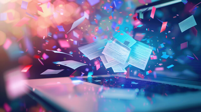 Colorful Digital Data Transfer with Laptop and Floating Documents, Conceptual Visualization of Modern Information Exchange and Cloud Computing - Powered by Adobe