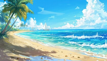 "Tranquil Anime Beach Scene with Gentle Waves and Swaying Palm Trees Under a Clear Blue Sky" Generative AI