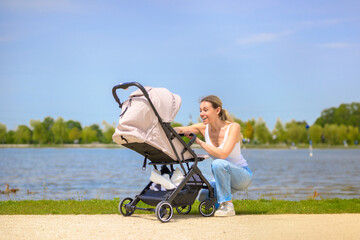 Mother with Baby Stroller in Scenic Park