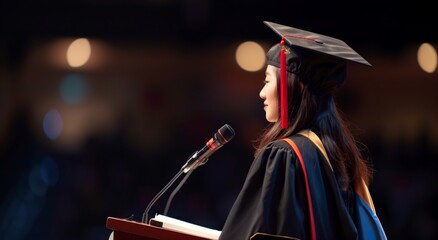 Woman wearing graduation cap and gown giving speech at graduation ceremony