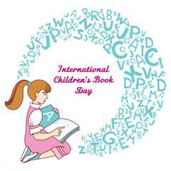 International Children's book day poster. April 2 calendar. Cute girl with book. Vector illustration.