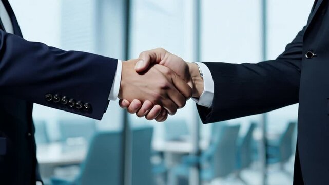 Business professionals shaking hands in office environment, symbolizing agreement, partnership, and corporate success.generative ai