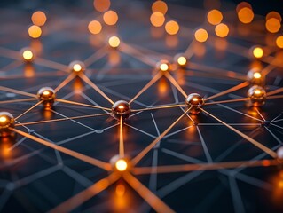 conceptual representation of a network, depicted with interconnected nodes and glowing lines. The nodes are spherical and metallic, emitting a warm, golden light, while the connecting lines form a com