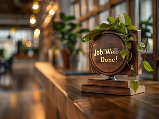 personalized plaque with engraved words "Job Well Done!" presented to an employee for outstanding work performance.
