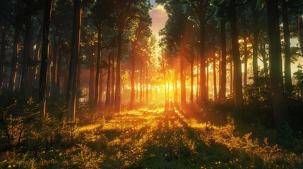 Fototapeta premium Glowing path through a dense magical forest with tall trees and bright sunlight