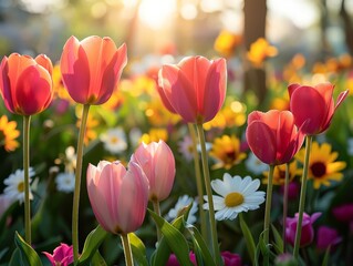 Enthusiasts cultivating and nurturing flower gardens, showcasing a variety of blooms like roses, tulips, and daisies for aesthetic pleasure.