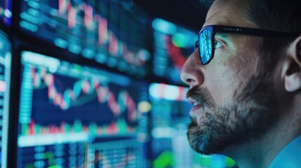 A professional works with advanced technology analyzing data on multiple monitors wearing a headset. AIG62