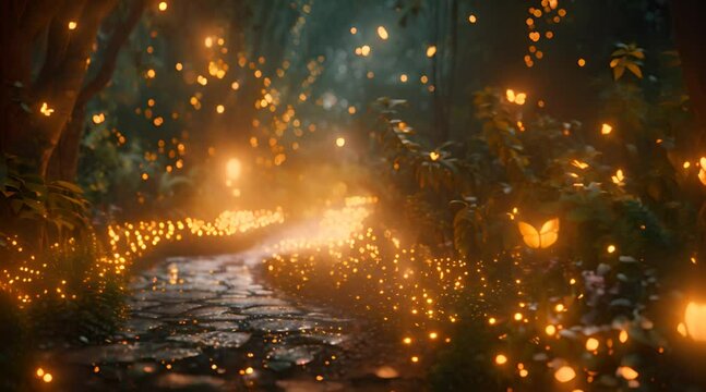 A spellbinding midnight stroll through a secret fairytale garden illuminated by glowing fireflies