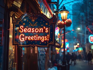 signboard with "Season's Greetings!" adorned with religious symbols and a large area for custom text.
