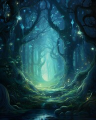 3D illustration of a fantasy dark forest with trees and moonlight