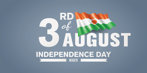 Niger happy independence day greeting card, banner with template text vector illustration. Nigerian memorial holiday 3rd of August design element with 3D flag with stripes