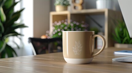 Stylish mockup of a coffee cup with a sleek design, set on a modern office desk