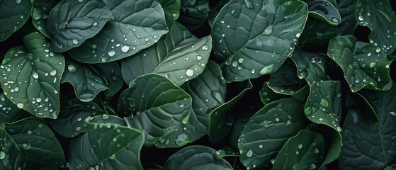 Fototapeta premium Dark green leaves glistening with water droplets, The leaves are densely packed, creating a lush, textured surface. The water droplets vary in size.