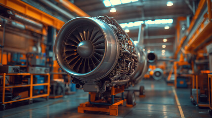 A high wing engine on an engineering stand in the aircraft bean parts room, surrounded in the style of blue and yellow storage shelves with various parts