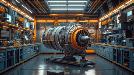 A high wing engine on an engineering stand in the aircraft bean parts room, surrounded in the style of blue and yellow storage shelves with various parts