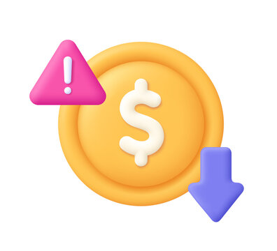 Coin with warning sign and arrow down. Money decrease, falling value, currency depreciation, price down, profit loss, warning of financial crisis, recession. 3d vector icon. Cartoon minimal style.