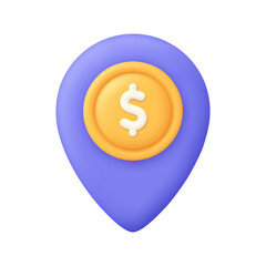 Location mark, destination pointer or map pin with coin. Business, finance, banking and investment concept. 3d vector icon. Cartoon minimal style.