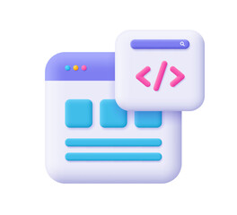 Webpage with code symbol. Web Development, software engineering, programming and coding concept.. 3d vector icon. Cartoon minimal style.
