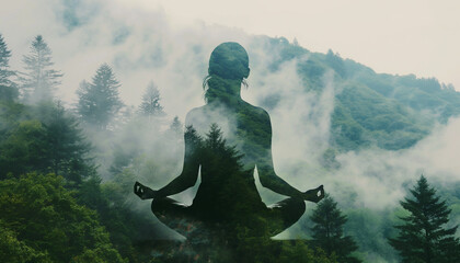 Double exposure of a woman in a meditative pose with a misty forest landscape inside