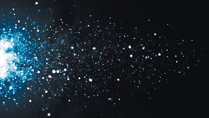 Colorful animation of bright particles flying horizontally. Dynamic particles randomly float in slow motion in space. Shimmering sparkling particles. Real colored particles in the air. 3d vector illus