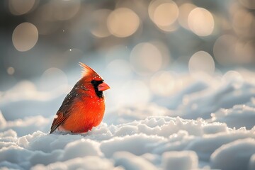 A snowy scene with a red cardinal in focus and a bokeh effect in the background