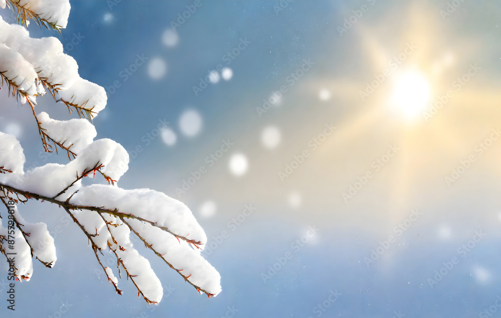Poster abstract winter background banner with white snowy tree branch at the edge of empty sunlight. genera