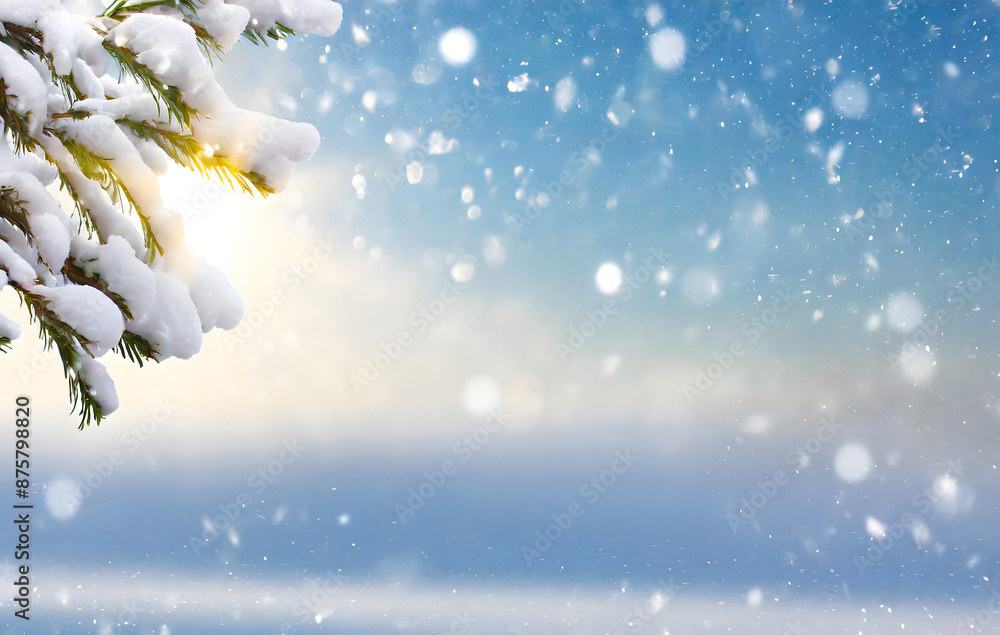 Poster abstract winter background banner with white snowy tree branch at the edge of empty sunlight. genera