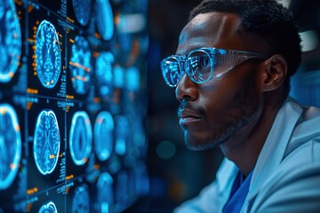black, African American doctor in white medical coat with X-ray images of organs on blurred background.  Scenes in the hospital concept.