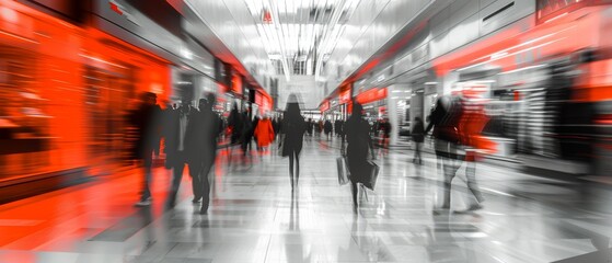 Abstract image of a busy shopping mall with blurred shoppers. Red highlights add a dynamic touch to the modern retail environment
