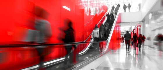 Abstract image of a modern shopping mall featuring escalators and blurred shoppers. Prominent red accents add a dynamic touch to the sleek retail environment