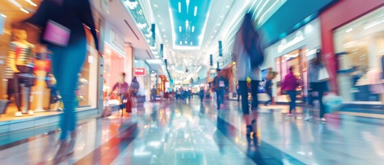 Abstract image of shoppers walking in a modern mall with blurred motion. Bright lights and colorful storefronts create a vibrant, dynamic retail environment