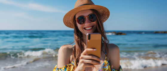 Happy woman in a straw hat and sunglasses, smiling while using her smartphone on a sunny beach. She wears a colorful outfit, enjoying a bright day by the sea