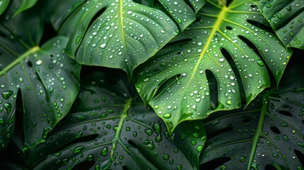 Fototapeta premium Raindrops on Giant Green Leaves of a Tropical Plant