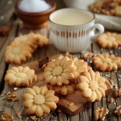 Fototapeta premium Nut cookies, walnut biscuits, butter cookies, crackers pile in shape of flowers, snowflakes, stars, round shortbread