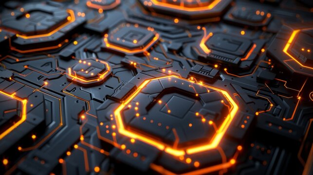Futuristic Glowing Circuit Board with Hexagonal Patterns