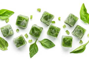 Obraz premium Frozen green puree cubes, green vegetables, broccoli freeze, mashed iced greens, blended frozen mint