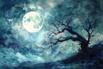 Fototapeta premium simple stunning watercolor painting, full moon, dark halloween night, dramatic lighting