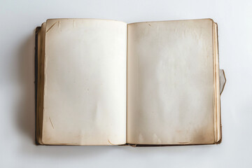 Naklejka premium open blank book on white background, top view, mockup style, white space for text, copy of stock photo, high resolution, high quality, high detail, professional photography