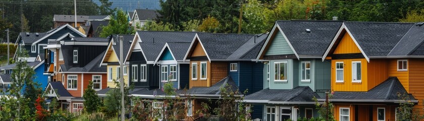 Naklejka premium Colorful Row of Houses with Green Trees and Black Roofs