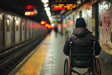 Obraz premium Man in wheelchair waiting in the metro platform in winter