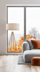 Luxury living interiors composition with a lamp, minimal furniture and plain lighting coming from a large window. Residential Real Estate interiors design.